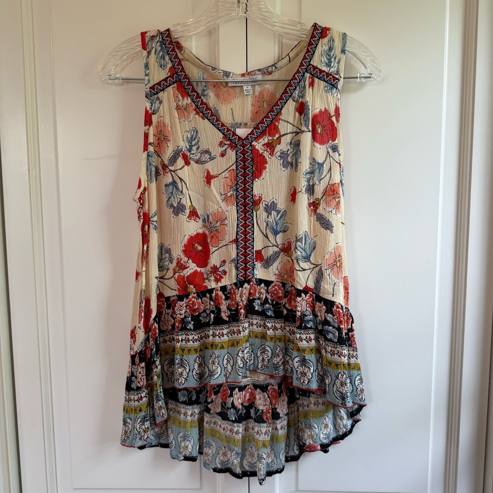 Patrons of Peace Cream and Red Asymmetrical Sleeveless Blouse